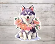 Husky Dog Flowers Sticker 3" Inch