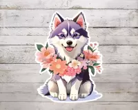 Husky Dog Flowers Sticker 3" Inch